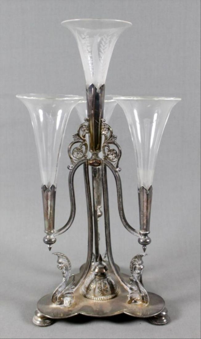 Silverplate And Glass Epergne: Silverplate And Glass Epergne. Measures H 13" W 6 1/4"