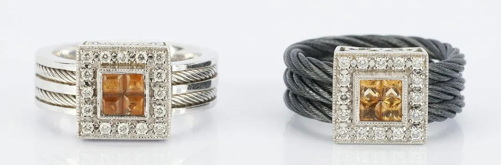 2 Philippe Charriol 18K Citrine & Diamond Rings: 2 Philippe Charriol 18K Citrine & Diamond Rings. 1st item: Ladies 18K white gold ring designed by Philippe Charriol. Featuring 4 princess cut citrines accented by 16 round brilliant diamonds approxima