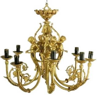 Louis XVI Style Gilt Bronze Chandelier: French eight arm chandelier with four figural cherubs. Foliate decoration throughout.