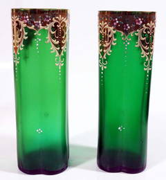 Two Green Overlay Glass Vases