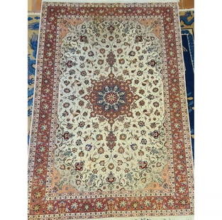 Antique Persian Trbriz Rug SHERKAT GHALAM Cotton Wrap: Antique Persian Trbriz Rug SHERKAT GHALAM Cotton Wrap, Merinus Knot And White Color Silk, 299 Per Sqm, handmade Kurk. Measure 79" x 124". Some Staining Present, see pics.