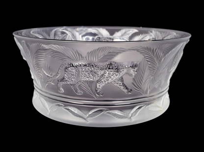 A Lalique Molded and Frosted Glass Jungle Bowl Height 4: A Lalique Molded and Frosted Glass Jungle Bowl20TH CENTURYengraved signature in script Lalique/France.Height 4 1/8 x diameter 9 3/4 inches.Property of a Boca Raton Private Collector