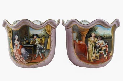 Pair Of Large Sevres Style Poreclain Cachepots: 12.5" H, 16" Diameter EachModern, decorated to each side with figures, on a pink ground with gilt borders.