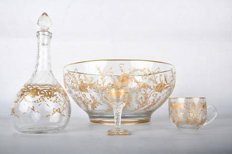 Gold enameled glass punchbowl service: Together with a decanter and three cordialsPunchbowl: 12 inches diameter; decanter: 9 1/2 inches high