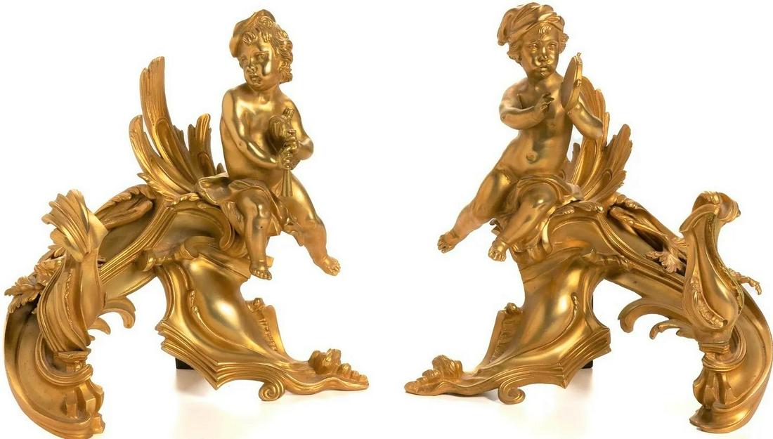 Pair of Antique 19th C. French Louis XV Style Gilt Bronze Putto Figural Chenets (1 of 1)