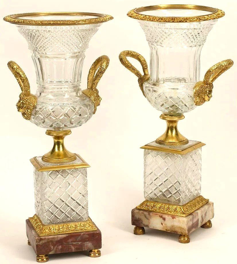 18.5" Pair of French Baccarat Style Cut Crystal Urns Bronze Dore Mounts on Marble Bases (1 of 8)
