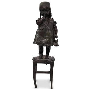 Juan Clara Bronze Sculpture: A bronze sculpture of a young girl by Juan Clara Ayats (Spanish, 1875-1958) depicts a young girl standing on a stool, inscribed on stool "Juan Clara"CIRCA: Early - Mid 20th CenturyORIGIN: Spain