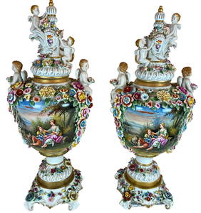 A Pair of Hand Painted Porcelain Vases ''Cherubs''