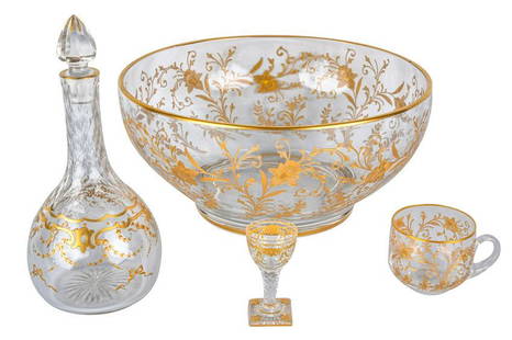 Gold enameled glass punchbowl service: Together with a decanter and three cordialsPunchbowl: 12 inches diameter; decanter: 9 1/2 inches high