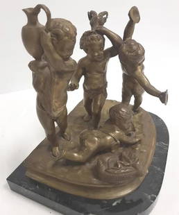 Bronze cherub figural group with goat on marble base: 9" L, 9" H, 7" D