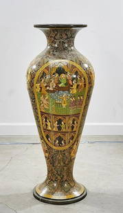 Tall Lacquered and Painted Wood Vase: Tall lacquered and painted wood vase; Indian or Persian figural scenes; metal insert; 40" x 16" (approx.)