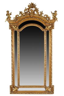 GiltWood Wall Mirror: 54" L, 94.5" H, 4" WThe arched surround surmounted by a pierced crest flanked by two cherubs, and enclosing marginal mirror plates within foliate borders surrounding a central plate with beveled