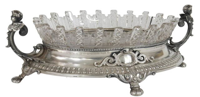 Eduard Foerh German 800 Silver Centerpiece: 12.5" L, 4.125" H, 9" WGerman 800 silver centerpiece, Eduard Foehr (Stuttgart, 1835-1904), cut glass bowl, seated in an 800 silver frame, with beaded and gadrooned trim, scrolled handles with winged