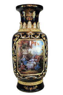 Large 19th Century Sevres Style Porcelain Vase: Large 19th Century Sevres Style Porcelain Vase. Hand Painted Dark blue with gold details and central inset of an aristocratic family playing musical instruments in the garden.From Healdsburg Estate.