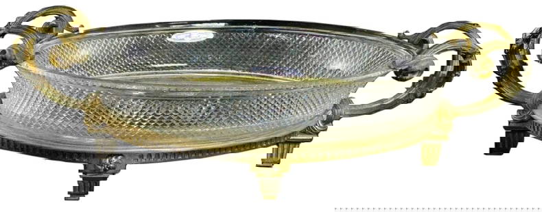 Vintage Oval Crystal Glass Dish In Bronze Footed Stand: Thick cut crystal dish in a footed bronze stand with vine motif handles.Issued: 20th c.