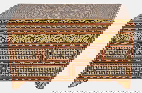 Levantine Style Inlaid Cabinet Box: 25" L, 15.5" H, 14" WWith hinged top and five drawers
