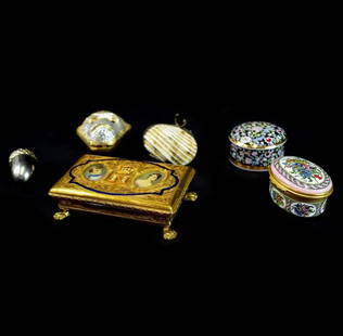 Napoleonic Box and (5) Assorted Pill Boxes: Vinatge Gilt Metal and Enamel Napoleonic Box Together with Five (5) Assorted Pill Boxes. Two boxes having English marker marks, Judith Leiber monkey otherwise unsigned.Napoleonic box measures 1" x