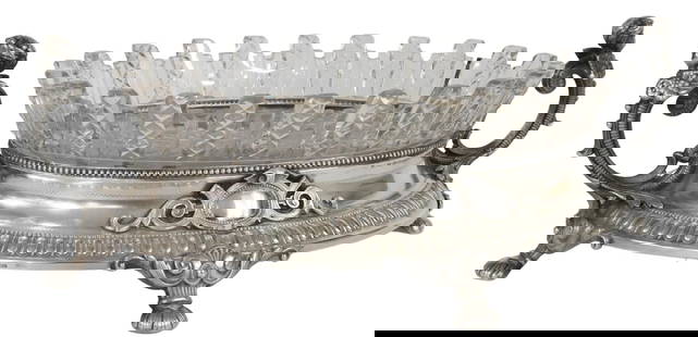 Eduard Foerh German 800 Silver Centerpiece: 12.5" L, 4.125" H, 9" WGerman 800 silver centerpiece, Eduard Foehr (Stuttgart, 1835-1904), cut glass bowl, seated in an 800 silver frame, with beaded and gadrooned trim, scrolled handles with winged
