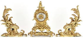 19th C. Pair Louis XV Style Bronze Chenets & French Rococo Style Bronze Clock