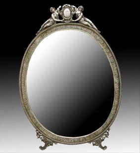 Sterling Silver Chased Wall Dresser Mirror And Frame: Sterling Silver Chased Wall Dresser Mirror And Frame Neo Classic Motif. Measures 26" X 18" Presented Is A Large Elegant Chased Dresser Or Wall Mirror Or Frame In A Beautiful Neo-Classic Motif With Fig