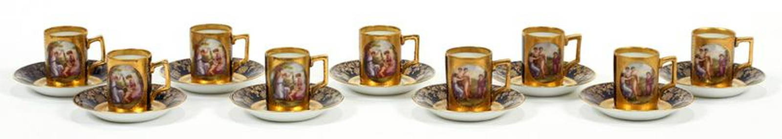 Royal Vienna Porcelain Demi Tasse Cups, Saucers: ROYAL VIENNA PORCELAIN DEMI TASSE CUPS, SAUCERS 9 SETS H 4.1" :Allegorical figures in reserve. Fired gold surround. Wenzl Hubber & Co. Marienbad others: Schlaggenwald, Czechoslovakia. Du Paquier began