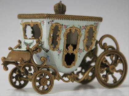 Early Austrian Enameled Carriage: Early Austrian Enameled Carriage Length- 5" Vitreous enamel, also called porcelain enamel, is a material made by fusing powdered glass to a substrate by firing, usually between 750 and 850 ???????????