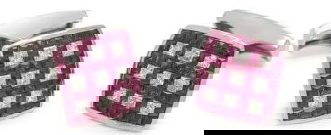 14K White Gold Ruby and Diamond Cufflinks: 14K White Gold Ruby and Diamond Cufflinks Containing numerous French-cut rubies and 18 princess-cut diamonds weighing approximately 0.85 carats in total Mounted in white gold Measure approximately 1/2