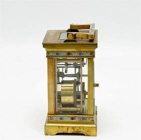 Duverdrey & Bloquel France Gilt Bronze & Champleve Enamel Carriage Clock: Duverdrey & Bloquel France Gilt Bronze & Champleve Enamel Carriage Clock Duverdrey & Bloquel France Gilt Bronze & Champleve Enamel Carriage Clock 11 Jewels. Gilt bronze carriage clock with carrying ha