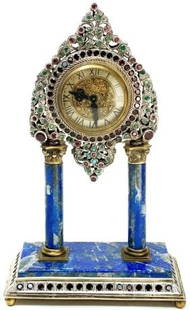 8.25" Antique Austrian Vienna Viennese Enameled 800 Silver with Jewels Lapis Lazuli Desk Clock: 8.25" Antique Austrian Vienna Viennese Enameled 800 Silver with Jewels Lapis Lazuli Desk Clock Austrian silver, gilt silver, and patinated silver jewel encrusted lapis lazuli veneer mantel clock, late