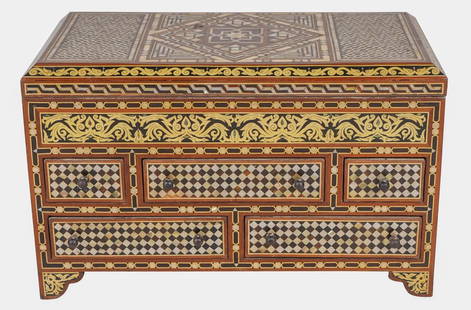 Levantine Style Inlaid Cabinet Box: 25" L, 15.5" H, 14" WWith hinged top and five drawers