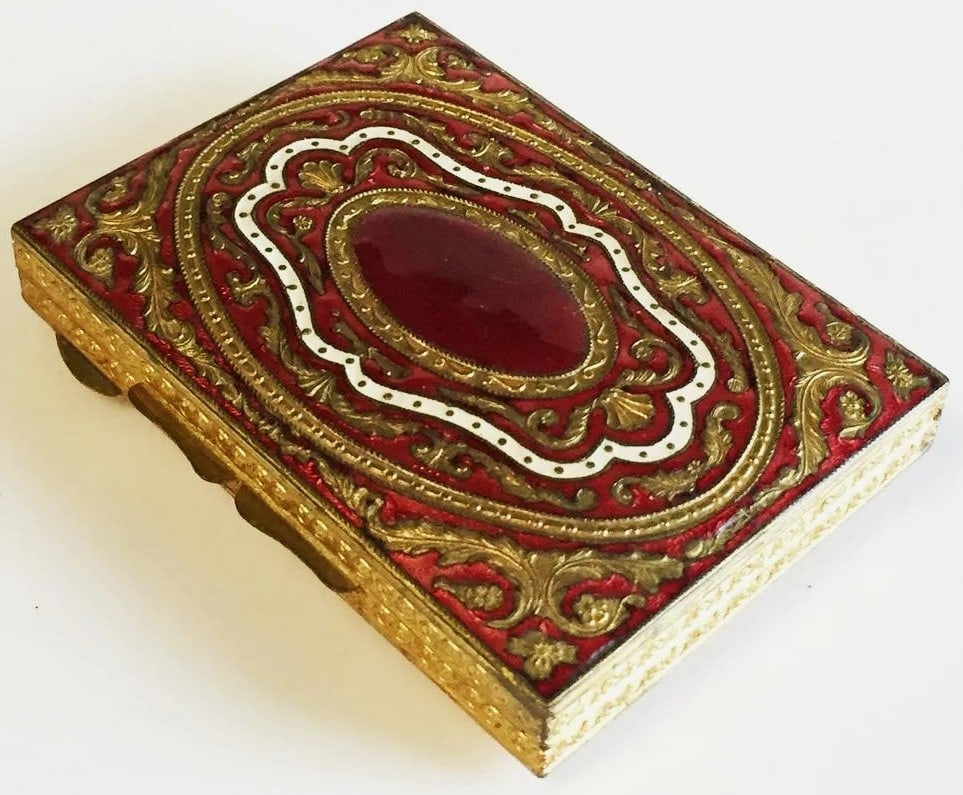 Vintage gold tone red white enamel makeup mirror box (1 of 5)