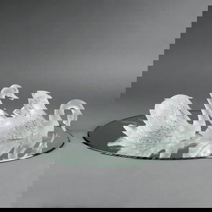 Pair of Lalique Frosted Crystal Swans and Miroir Cygnes Centerpiece: Pair of Lalique Frosted Crystal Swans and Miroir Cygnes Centerpiece Rene Lalique (1860-1945) for Lalique, France "Miroir Cygnes" centerpiece, designed in 1943 Pair of frosted and molded crystal swans
