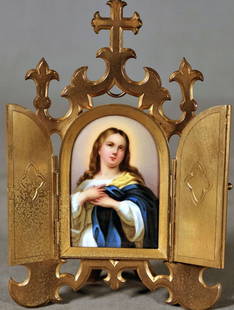 Arched Porcelain Plaque Depicting Christ Figure In: Arched Porcelain Plaque Depicting Christ Figure In Gothic Frame