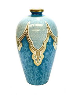 Large 14.25" Antique 19th Century French Sevres Porcelain Blue & Gilt Urn Vase: Large Antique 19th Century French Sevres Porcelain Blue & Gilt Urn Vase Large Sevres France porcelain blue & gilt urn vase, 19th Century Beautiful blue leaves and swirls to the exterior Blue and mint