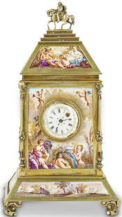 19th C. Austrian Vienna Viennese Silver & Enamel Clock: 19th C. Austrian Vienna Viennese Silver & Enamel Clock A 19th century Viennese miniature silver and enamel clock A timepiece with silver and enamel mount, decorated with a frontal garden scene with pu