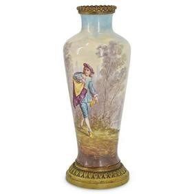 Large Antique 19th Century French Sevres Porcelain Vase By Paul Milet: Large Antique 19th Century French Sevres Porcelain Vase By Paul Milet A Sevres porcelain vase by ceramist Paul Milet (French, 1870-1950) with gilt bronze foliage ormolu base decoration The porcelain b