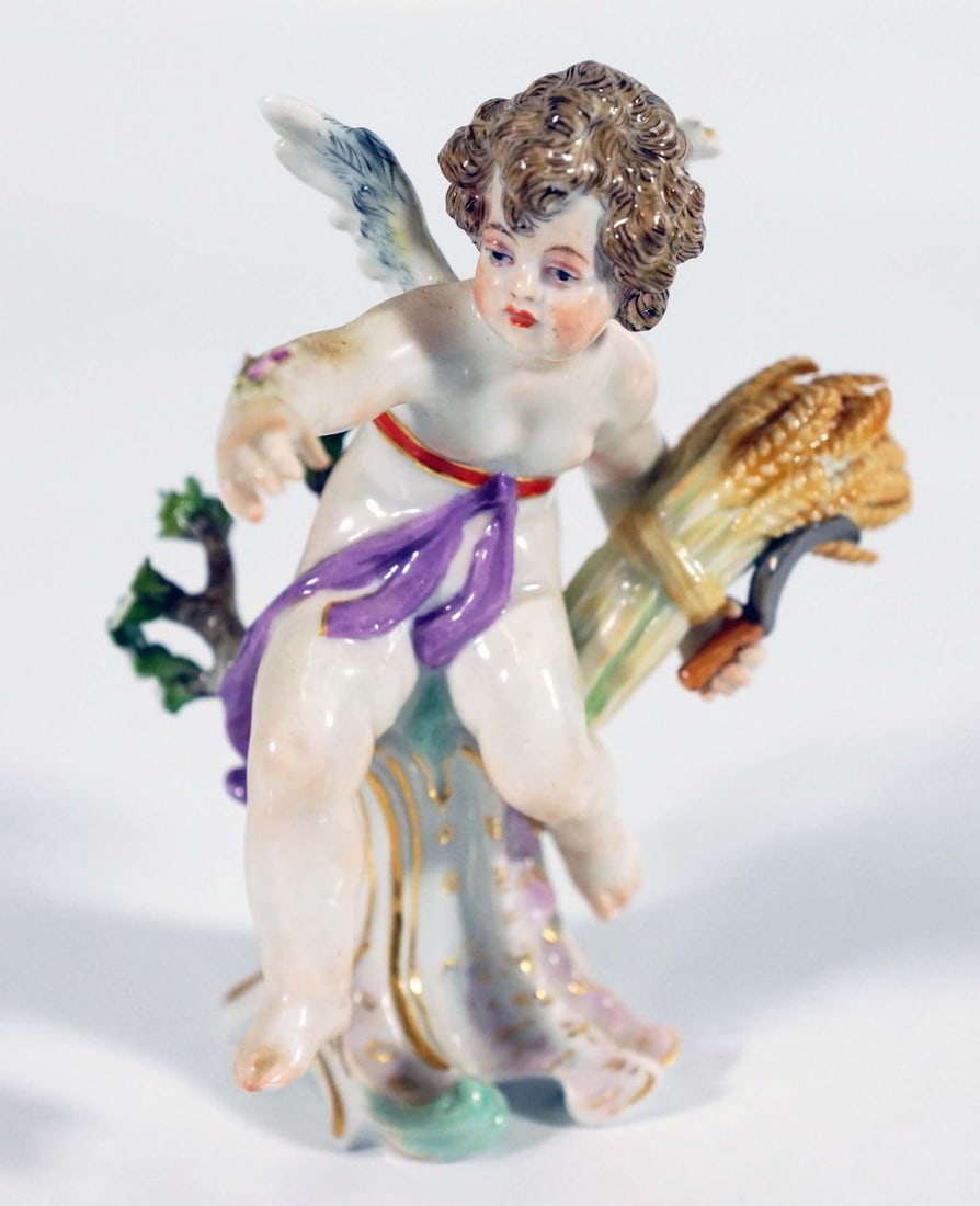 Meissen "Summer" Porcelain Figure: 5" H 4" W Meissen porcelain or Meissen china was the first European hard-paste porcelain. Early experiments were done in 1708 by Ehrenfried Walther von Tschirnhaus. After his death that October, Johan