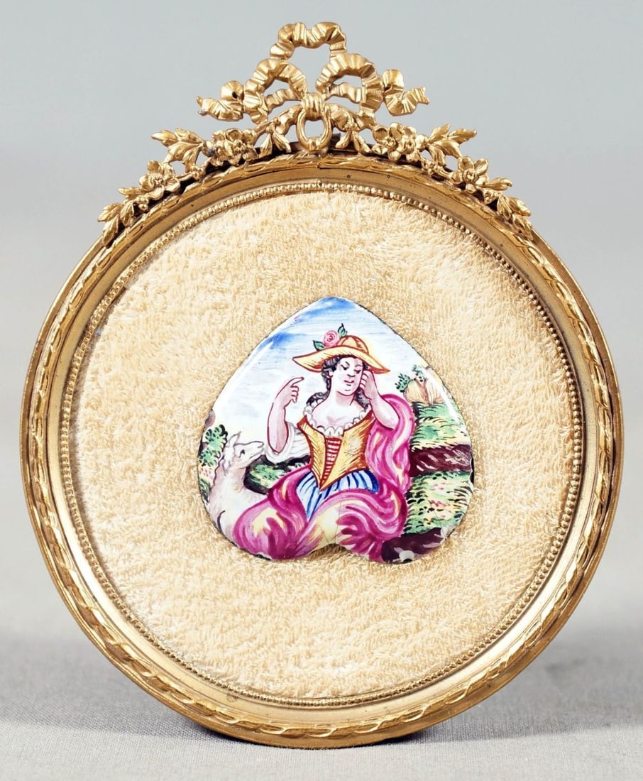 French Enamel Heart Portrait In Gilt Bronze Frame: 3" Diam Vitreous enamel, also called porcelain enamel, is a material made by fusing powdered glass to a substrate by firing, usually between 750 and 850 ???????????????????????????????????????????????