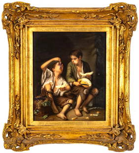 Large Antique KPM Berlin Painted Porcelain Plaque Children Eating Grapes and Melon H 11.5'' W 9.5'': Large Antique KPM Berlin Painted Porcelain Plaque Children EatingGrapes and Melon After MurilloIncised KPM mark on versoHand-Painted Porcelain Plaque Porcelin Dimension: H 11.5'' W 9.5"Frame