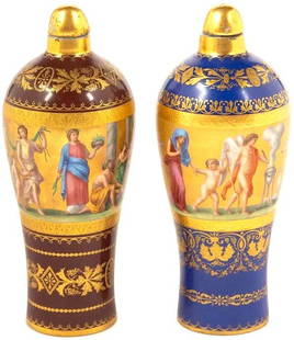 Antique 19th century Two Royal Vienna Austrian hand-painted Porcelain Covered Vases: Antique 19th century Two Royal Vienna Austrian hand-painted porcelain-covered vasesTwo Vienna Porcelain Covered VasesLate 19th centuryBoth are decorated with classical scenes and bearingBeehive marks