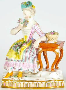 19th Century Meissen Porcelain Figure of Lady Depicting the Sense of Smell: 19th Century Meissen Porcelain Figure of Lady Depicting the Sense of SmellThis is a Meissen figure of a lovely lady depicting the sense of smellMeissen "Sense of Smell" figure, emblematic of the Five