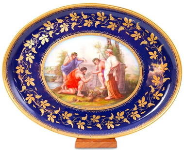 Antique Royal Vienna Austrian Hand Painted Porcelain Signed Platter 19th Century: Large Antique Royal Vienna Austrian Hand Painted Porcelain Signed Platter 19th Century The Antique Royal Vienna porcelain platter features a cobalt blue ground hue, centered by a hand-painted Greco-Ro