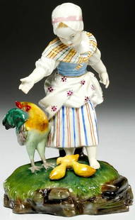 Antique Samson Hochst Porcelain Figure of a Girl with Chickens: Antique Samson Hochst Porcelain FigurineA Hochst figure of a girl with chickensDimensions: 6.5" H x 4" W x 3.5" DBlue underglaze maker's mark on the undersideCondition: GoodThe factory at Höchst was