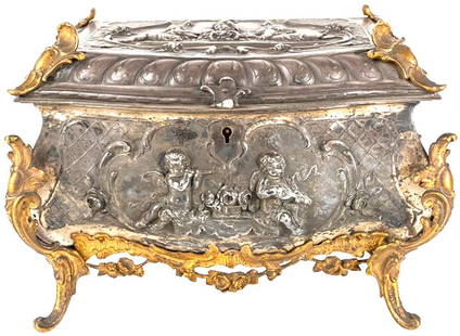 Antique 19th Century French Bronze Spelter Jewelry Trinket Dresser Box Casket: Antique French Bronze Spelter Jewelry Trinket Dresser Box Casket Repousse Rectangular Jewelry/Decorative BoxFeaturing a hinged lid, relief puttos, flowers and foliage, and four gilt legs Includes key