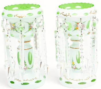 Pair of 19th Century Moser Bohemian Cut to Clear Glass Mantel Lusters: Pair of 19th Century Moser Bohemian Cut to Clear Glass Mantel LustersPair of Bohemian Cut to Clear Glass Mantel LustersThe Bohemian lusters offer an apple green and white glass base with