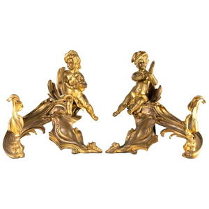 A pair of Antique 19th Century Louis XV-style gilt bronze figural Chenets