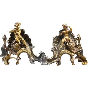 A pair of Antique 19th Century Bronze Fireplace Chenets with Cupid Figures, Good Patina