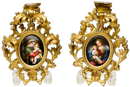 A pair of Antique Hand Painted Porcelain Plaques of Madonna and Child Framed circa 1900