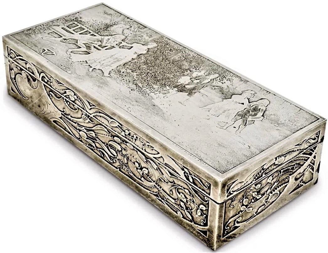 Antique French After Alonso Perez Etched Silver Box: Antique French After Alonso Perez Etched Silver Box D'Apres Alonso Perez silver box featuring an etched scene on the lid of courting lovers in a garden and embossed Art Nouveau floral and foliage desi
