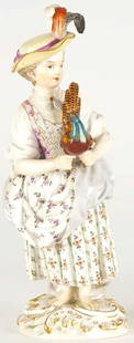 Rare Meissen Figure of Girl Holding a Pheasant Early 19th Century: Rare Meissen Figure of Girl Holding a Pheasant Early 19th Century Meissen figure, possibly a Cries de Paris figure Depicting a woman in 18th-century attire and a feathered hat standing barefoot and ho